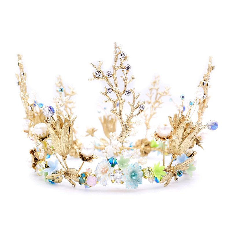 Zinnia:手造樹脂黏土珊瑚花鍍金皇冠 - Pamycarie 手工製作飾品 - 髮飾 - 黏土 藍色