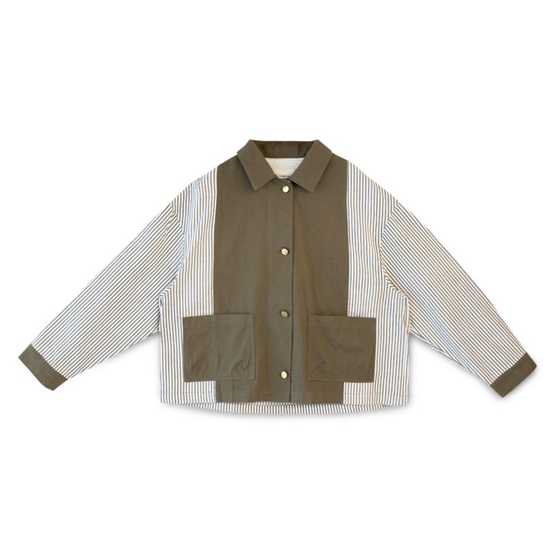 【Simply Yours】Striped patchwork heavy coat green F - Women's Casual & Functional Jackets - Cotton & Hemp White