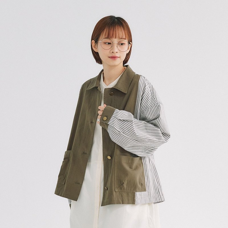 【Simply Yours】Striped patchwork heavy coat green F - เสื้อแจ็คเก็ต - ผ้าฝ้าย/ผ้าลินิน ขาว