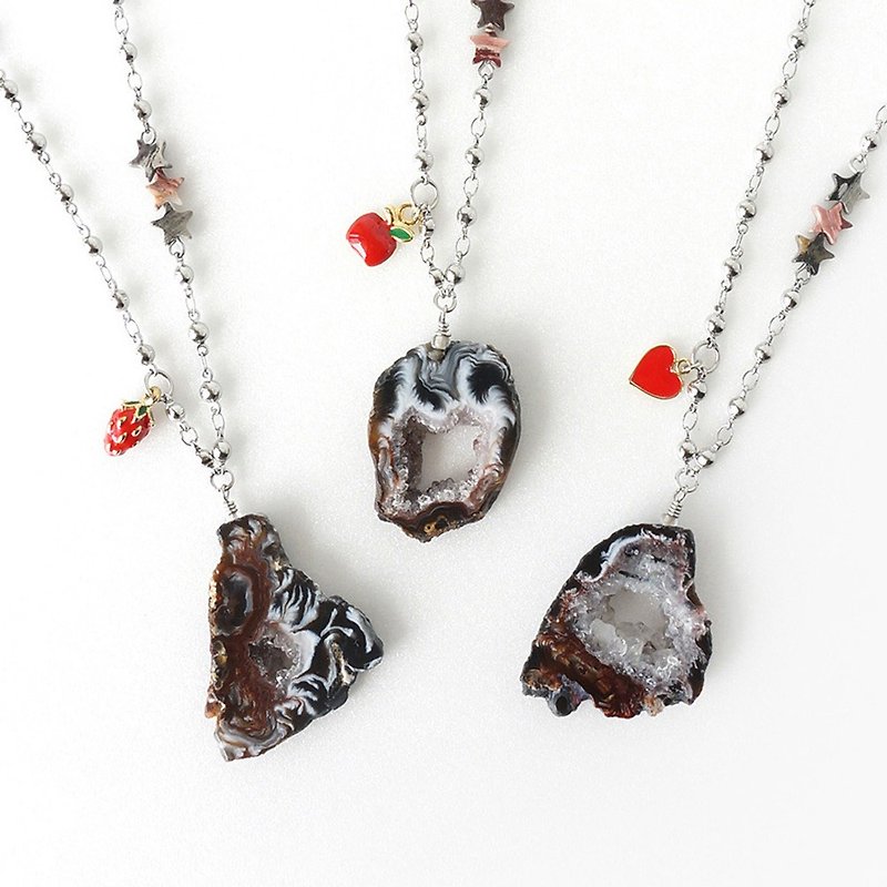 Natural Black Agate Raw Stone Geode Necklace - Necklaces - Semi-Precious Stones Black