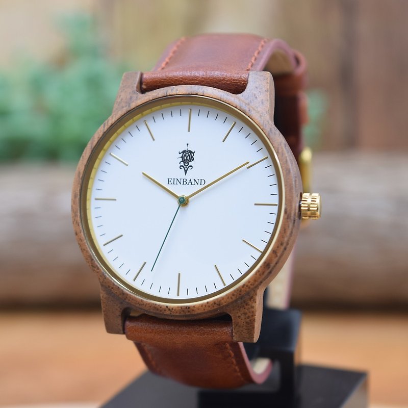 EINBAND Glanz WHITE 40mm Wooden Watch Brown Leather Belt - นาฬิกาผู้ชาย - ไม้ สีนำ้ตาล