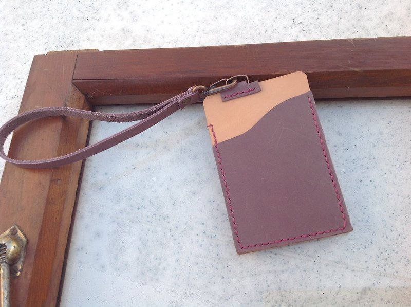 Identification card. Card Folders, travel card sets, card sets, you can hang purses, hand-stitched, leather leather [when] the original skin color purple lotus + - ID & Badge Holders - Genuine Leather Purple