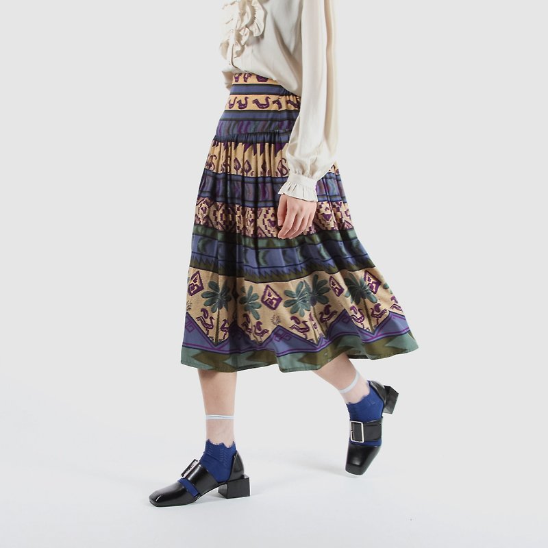 [Ancient Egg Plant] Byzantine Garden Printed High-Waist Vintage Dress - Skirts - Polyester Multicolor