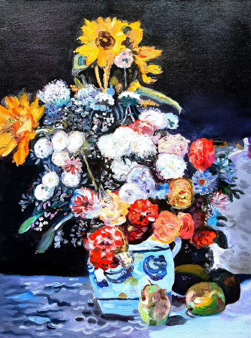 Bouquet in a Vase  Painting  Original Art  Oil Painting   Oil On Canvas - 壁貼/牆壁裝飾 - 其他材質 橘色