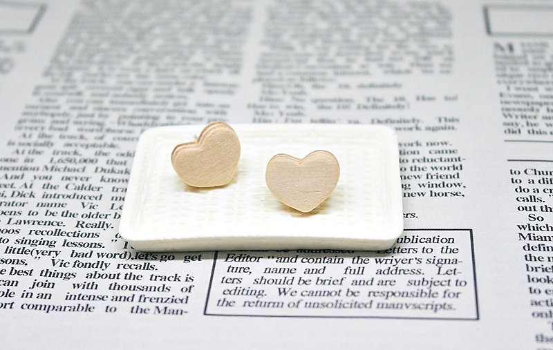 Stainless Steel X Wooden-Pin Earrings <Love Heart> -Limited*1- - ต่างหู - ไม้ สีส้ม