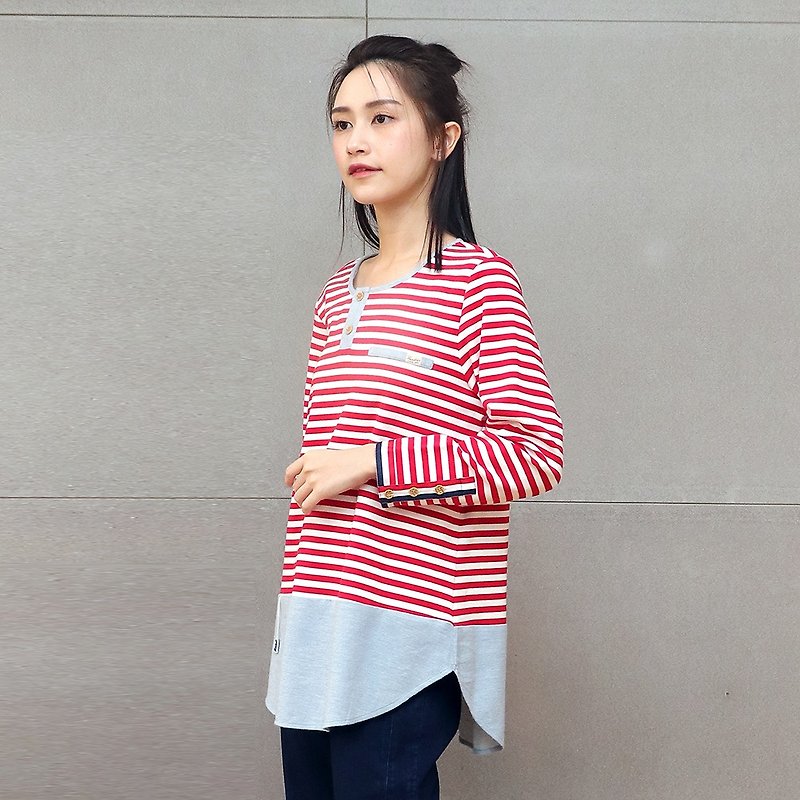 Autumn clothes∣fake two-piece striped cotton sweater (red) - เสื้อผู้หญิง - ผ้าฝ้าย/ผ้าลินิน สีแดง