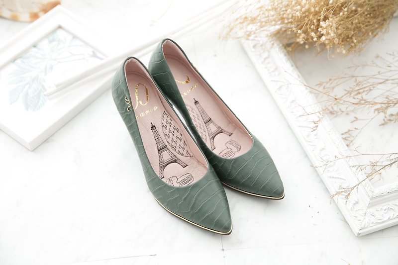 Liz-Dark Green-Crocodile Pattern Sheepskin Pointed Toe High Heels - High Heels - Genuine Leather Green