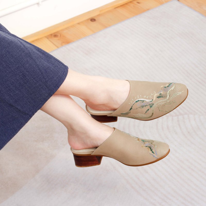 刺繡木跟穆勒鞋- 福爾摩沙/卡其棕 - 女皮鞋 - 真皮 卡其色
