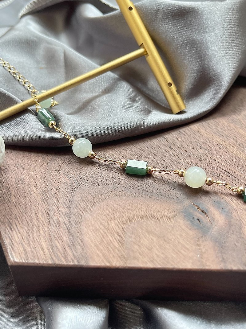 Natural Burmese Jade - White Jade Round Jade Green Accompanying 14K Gold Bracelet Gift Jade Custom Natural Stone - Bracelets - Jade Gold