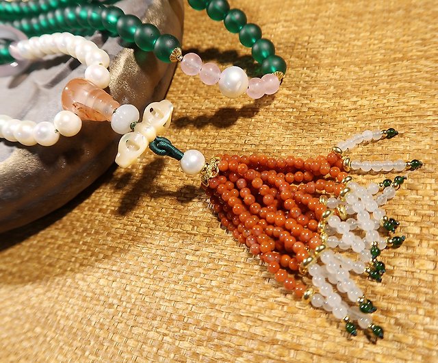 亞光琉璃珠108顆佛珠搭配天然淡水珍珠項鏈朝珠流蘇項鏈- 設計館鹿鳴