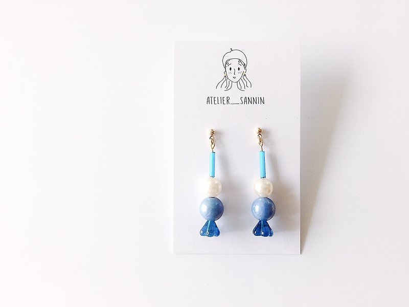 Miss Pearl - Blue Pendant Earrings Earrings [Can be changed folder / anti-allergic silicone ear hook] - Earrings & Clip-ons - Other Materials Multicolor