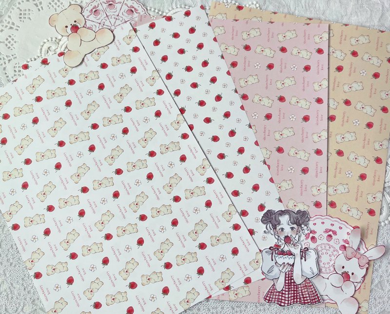 Bear x Strawberry Design Paper - 禮物盒/包裝盒 - 紙 多色
