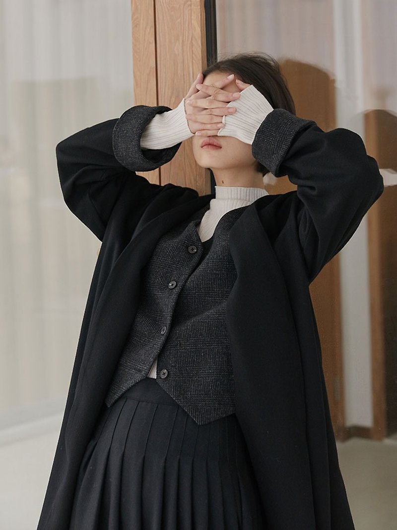 Black 100% wool wool fake two-piece coat vest vest minimalist casual long coat - Women's Casual & Functional Jackets - Wool Black
