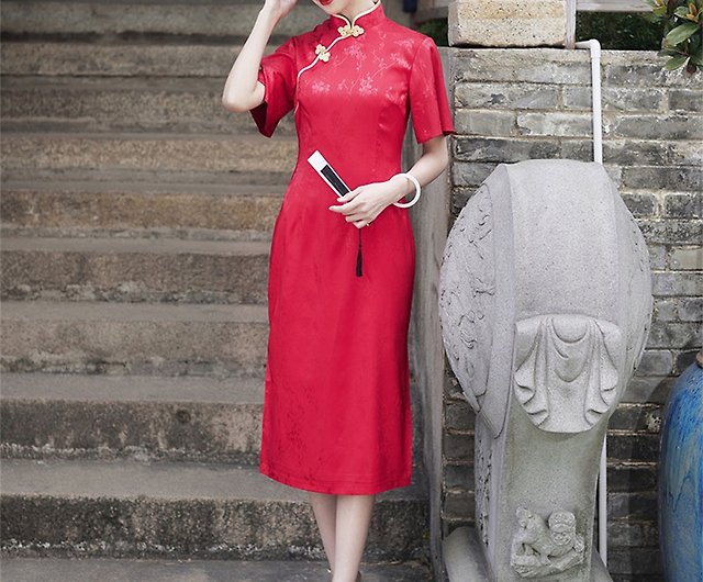 Liangchen 赤改良されたチャイナ トースト ドレス半袖ボタン付きドレス