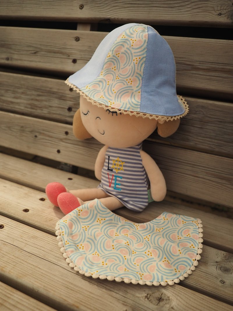 英國布料 手作雙面粉紅/ 粉藍圖案帽子及圍巾禮物套裝 - 滿月禮物 - 棉．麻 藍色