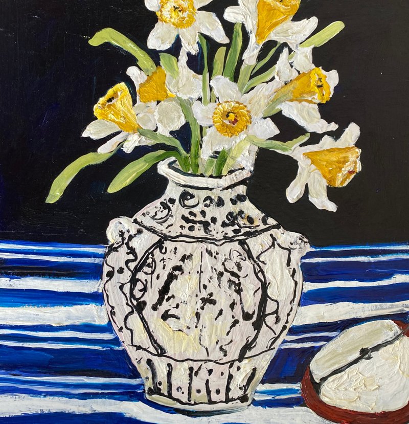 Daffodils in a white vase Original oil painting Wall hanging Fauvism art Matisse - Wall Décor - Other Materials 
