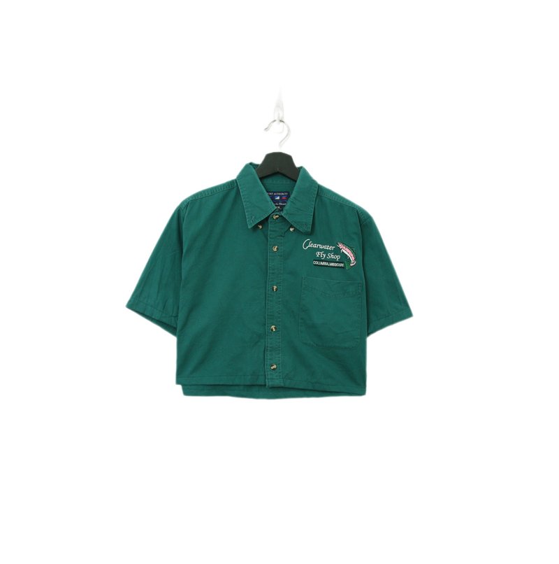 Back to Green-再製短板刺繡襯衫 綠粉魚圖 wt-27//vintage shirt - 女襯衫 - 棉．麻 