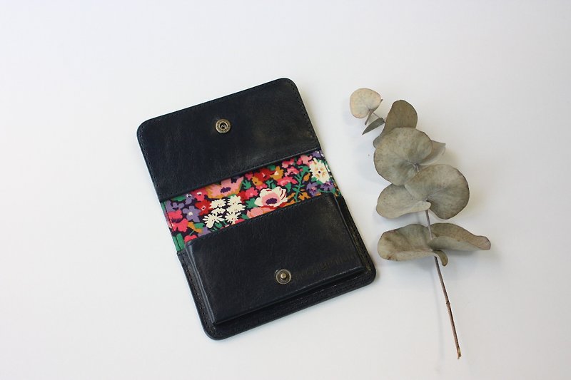Card Case navy of cow leather and Liberty print - Card Holders & Cases - Genuine Leather Blue