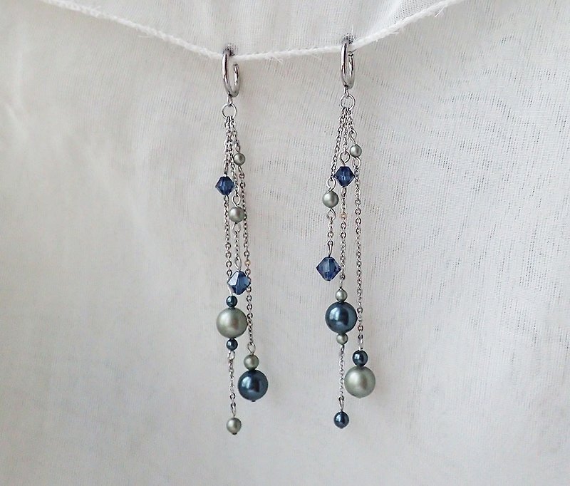 施華洛世奇元素 & 不鏽鋼  耳圈夾 耳環 (一對) - 耳環/耳夾 - 玻璃 藍色