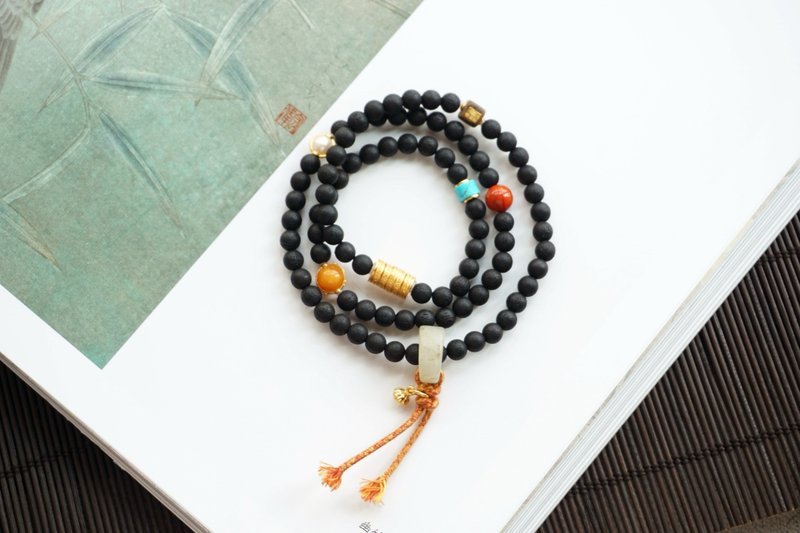 Natural Agarwood Bracelet with Multigem Accents, 925 Silver Five-Character Mantra Spacer Beads, Hetian Jade Rondelle, New Chinese Style Bracelet - สร้อยข้อมือ - หยก 