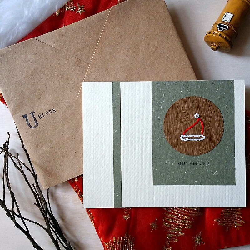 手縫圖像聖誕卡(聖誕帽)(原稿) - 卡片/明信片 - 紙 多色