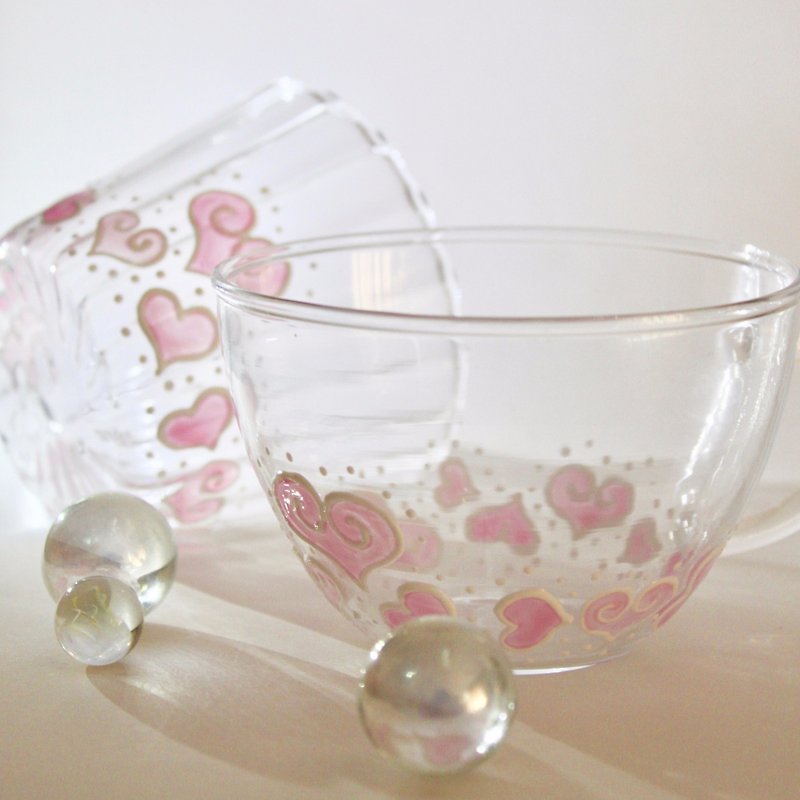 แก้ว ถ้วย สึชมพู - Pink Hearts Unique Painted Glass Cup・Gift Tea Mug・Gift Cup for Tea Lover