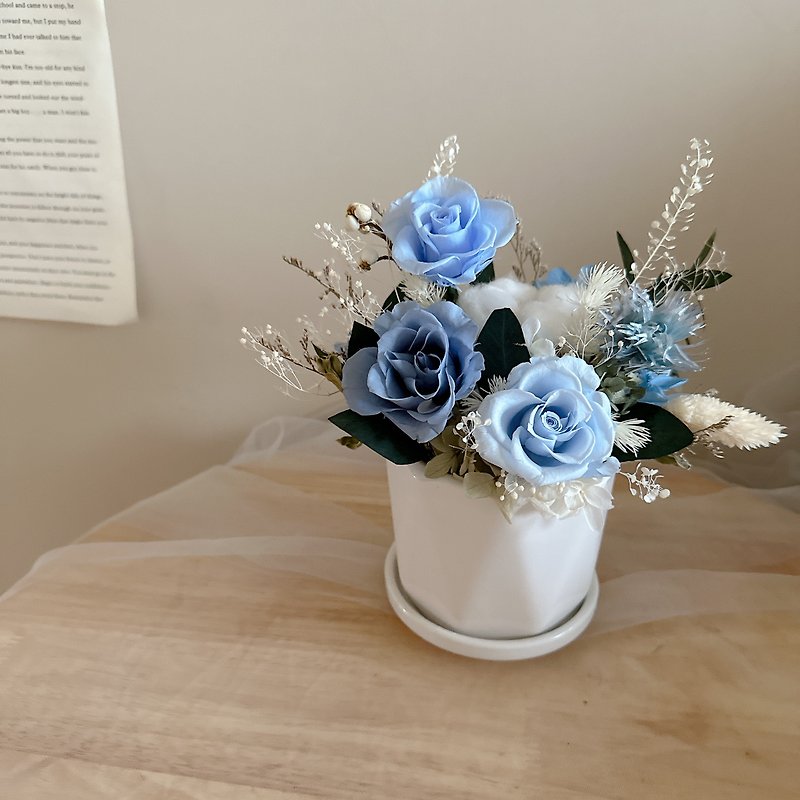 Morandi Blue Series Immortal Opening Diffuser Potted Flowers - ช่อดอกไม้แห้ง - ดินเผา สีน้ำเงิน