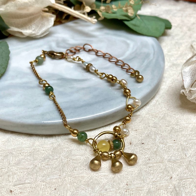 老林雜貨 | 蜜蠟翡翠珍珠編織手鍊 - 手鍊/手環 - 銅/黃銅 金色