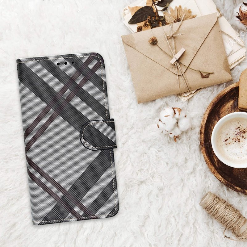 Samsung A55/A35/A25/A15 5G (Premium Edition) British Plaid Mobile Phone Leather Case - Gray and Black - เคส/ซองมือถือ - หนังเทียม สีเทา