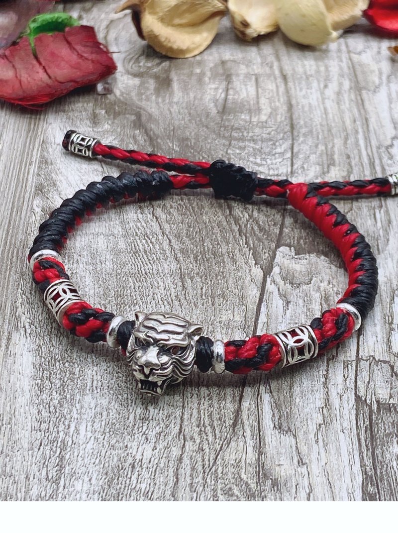 Big domineering tiger head. Wax thread bracelet. Sterling silver merchandise. Lucky bracelet. a - Bracelets - Sterling Silver Multicolor