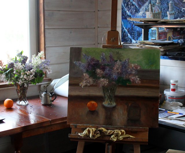 ライラックの絵画オリジナルの花アート花瓶の花束アートワーク花の静物