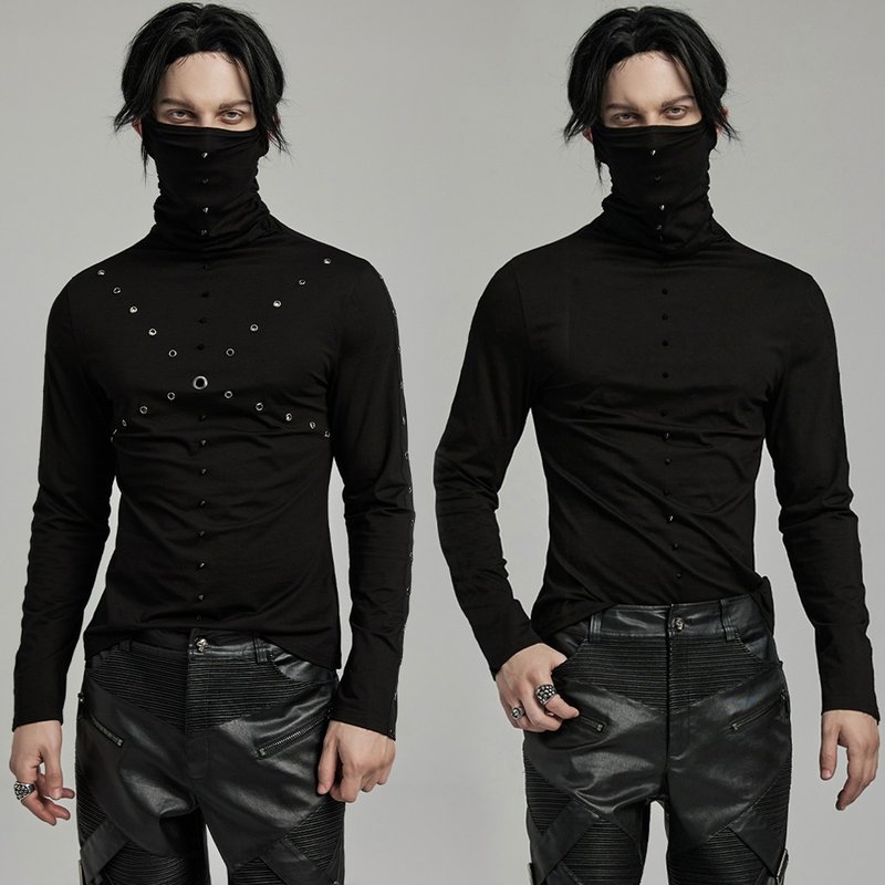 Punk Mountain Fu Ninja High Collar Ear Hanging Top / Hole Style / Basic Style - เสื้อยืดผู้ชาย - วัสดุอื่นๆ สีดำ