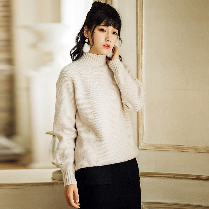 Anne Chen 2017 winter new women's solid color high-necked knit sweater - สเวตเตอร์ผู้หญิง - ผ้าฝ้าย/ผ้าลินิน ขาว