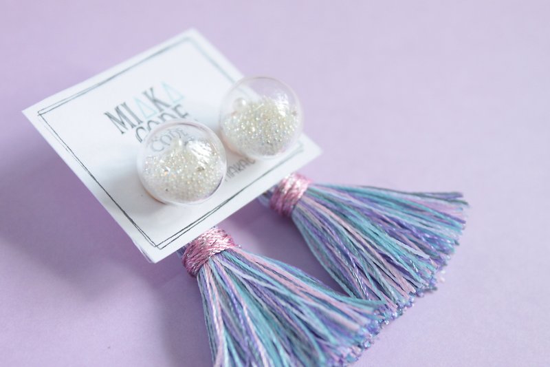 12mm Glass bubble earrings/ear-clips with mixed colour tassels (Mixed purple)