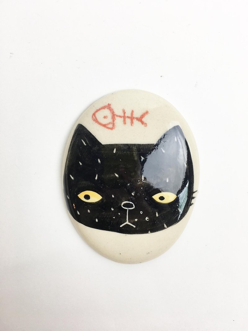 Nice Little Clay hand-painted ceramic iron suction _ cold black cat 0905-06 - ของวางตกแต่ง - ดินเผา ขาว
