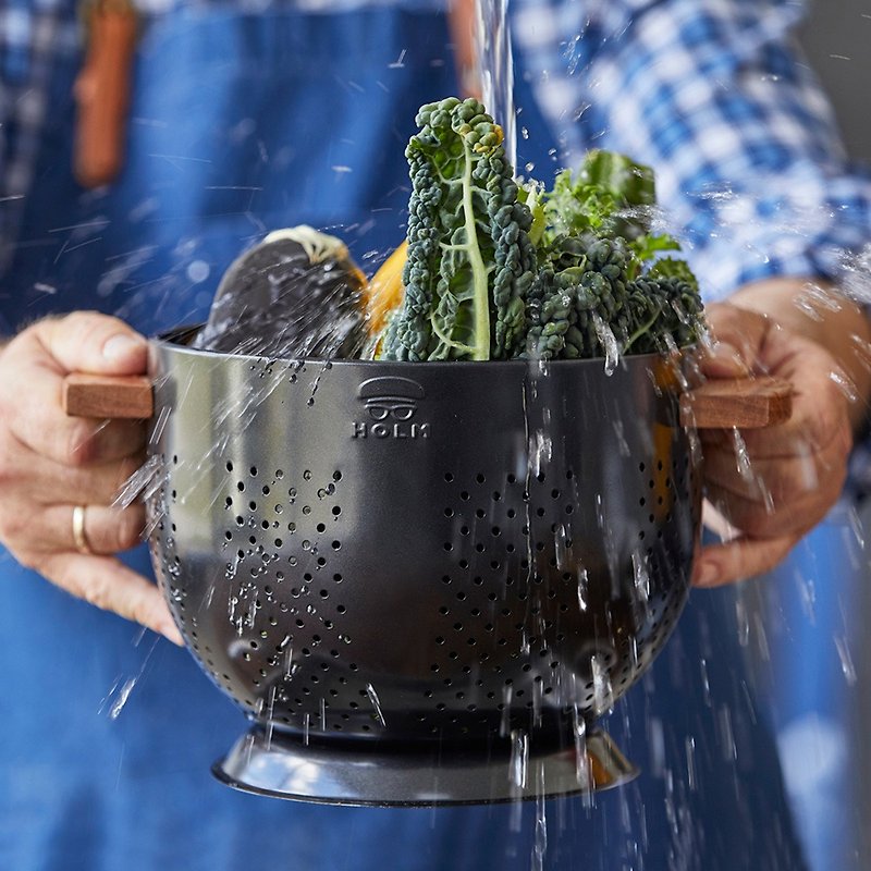 丹麥HOLM 雙耳木柄深型鐵製蔬果瀝水盆 - 廚具 - 其他材質 黑色
