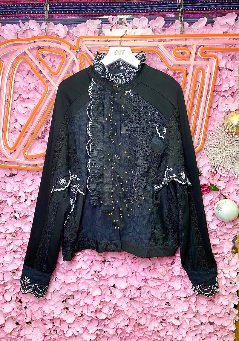OTT Unique•Unique Japanese Black Gold Spliced ​​Lace Denim Shirt Blouse - เสื้อผู้หญิง - ผ้าฝ้าย/ผ้าลินิน สีดำ