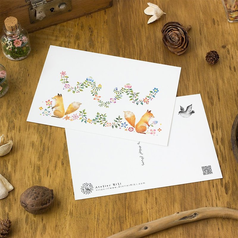 4 pieces set. Like a picture book. Postcard "Two foxes in a wreath" PC-308 - การ์ด/โปสการ์ด - กระดาษ สีเหลือง