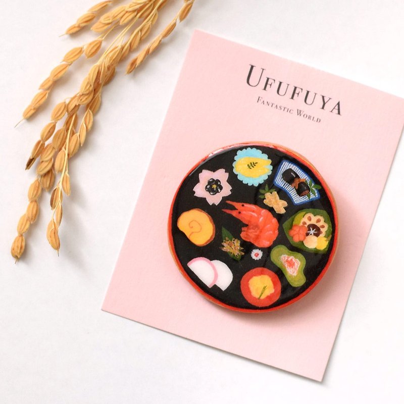 Osechi dishes brooch, Japanese food, Fantastic brooch - Brooches - Clay Black