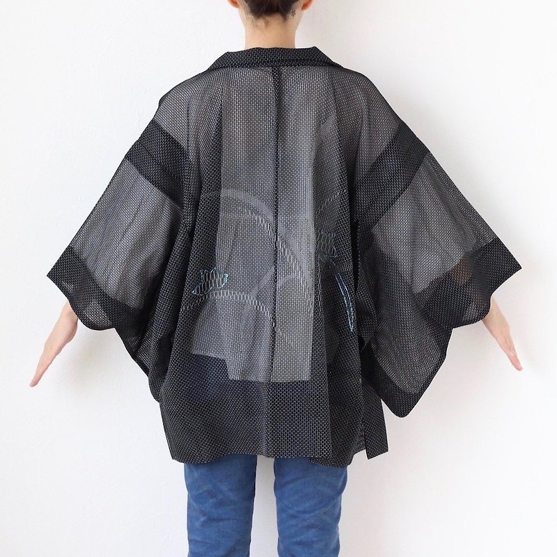 summer embroidered kimono, kimono jacket, Kimono cover up, haori black /3315 - เสื้อแจ็คเก็ต - เส้นใยสังเคราะห์ สีดำ