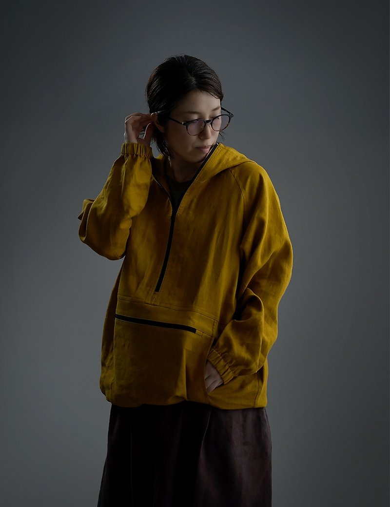wafu Linen hoodie / outer wear / long sleeves / mustard h053b-mtd2 - Women's Casual & Functional Jackets - Cotton & Hemp Yellow