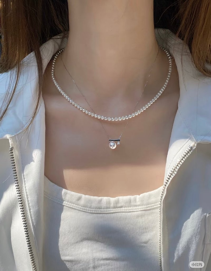 平衡之詩18K黃金Akoya鑽石天然海水珍珠真珠項鍊耳環7.5mm-8mm - 耳環/耳夾/耳骨夾 - 珍珠 金色