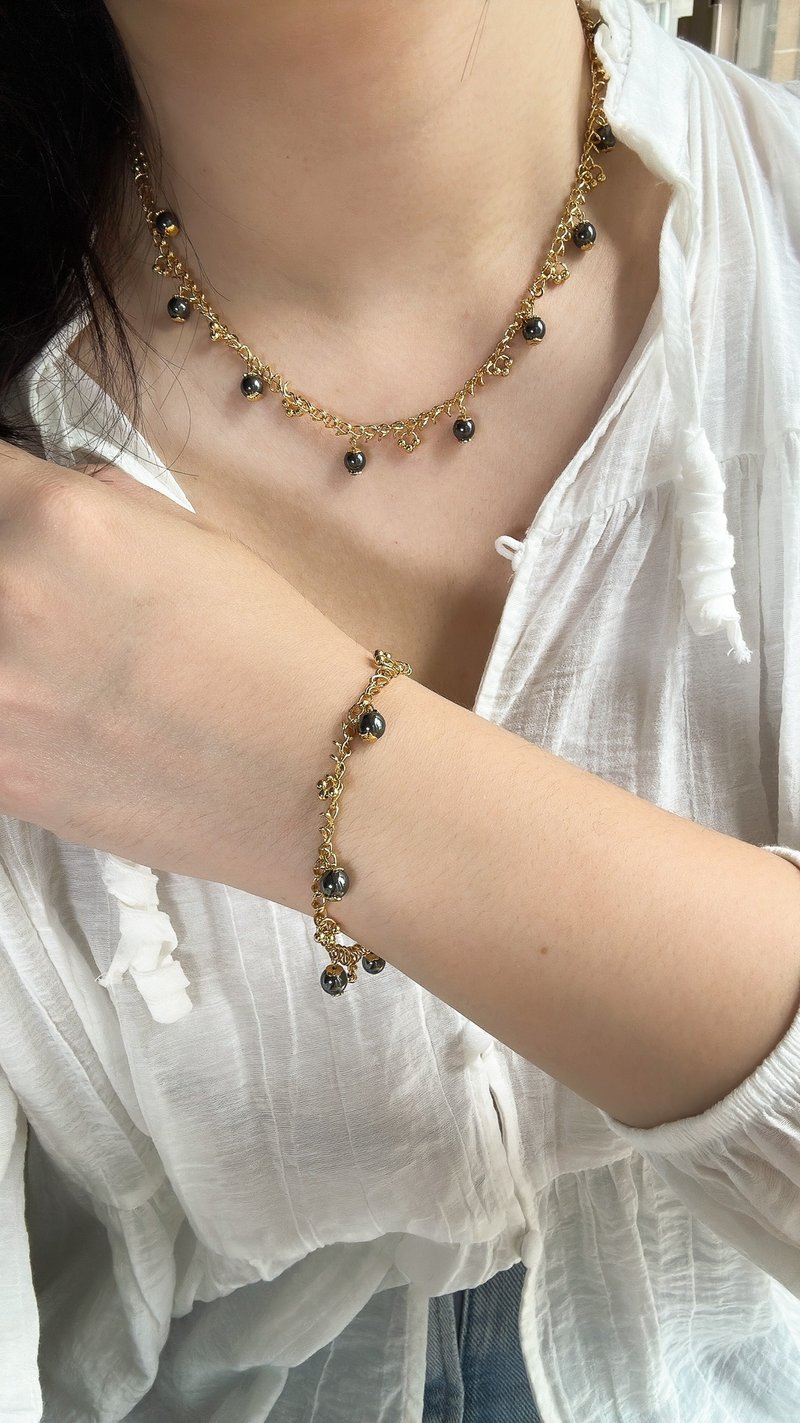 French Purple Blue Ceramic Beads Gold Plated Set | Necklace Bracelet - สร้อยคอ - เงิน สีทอง