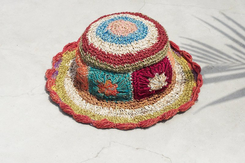 Limited edition handmade knitted cotton hood / weaving hat / fisherman hat / straw hat / sun hat / hook hat - bright tropical forest flower weaving - Hats & Caps - Cotton & Hemp Multicolor