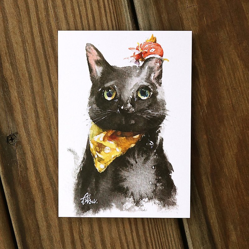 Watercolor painted hair boy series postcard - cat eating fish - Cards & Postcards - Paper Black