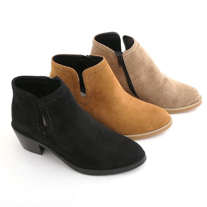 Maffeo 短靴 法式優雅麂面絨側U尖頭短靴 機車靴 馬靴（224黑色/棕色/卡其） - 女短靴/中筒靴 - 真皮 卡其色