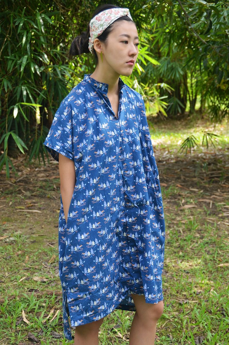 Autumn and forest and fox long blue shirt [rice] - One Piece Dresses - Cotton & Hemp Blue