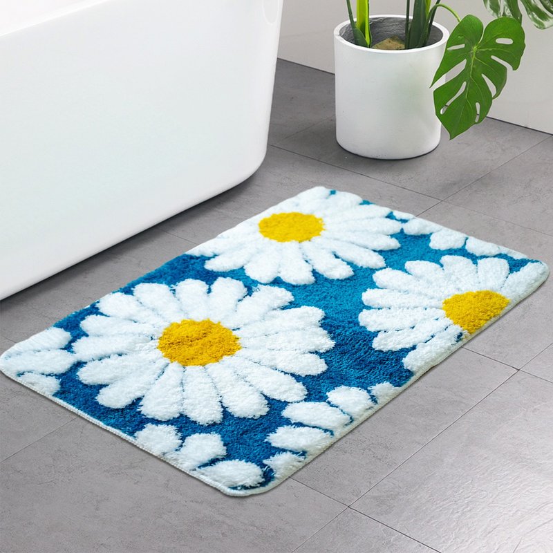 White Daisy Bath Mat Light Blue Soft Flower Absorbent Non-slip Rug Floor Pad - พรมปูพื้น - เส้นใยสังเคราะห์ สีน้ำเงิน