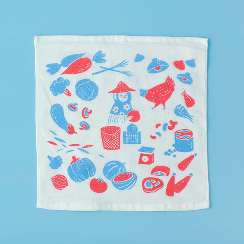 Gauze Towel / Food Market / Holiday Red & blue - ผ้าเช็ดหน้า - ผ้าฝ้าย/ผ้าลินิน สีน้ำเงิน