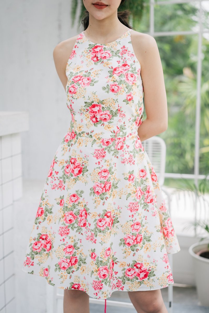 Party Dress Floral Dress Crisscross Backless Dress Cotton Dress Vintage Style - 洋裝/連身裙 - 棉．麻 白色